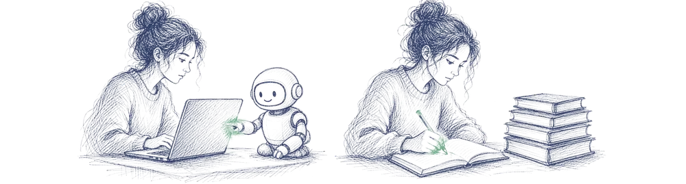 Pen-and-ink drawing: a student working at a laptop with a small robot, and the same student writing alone in a notebook beside a stack of books.