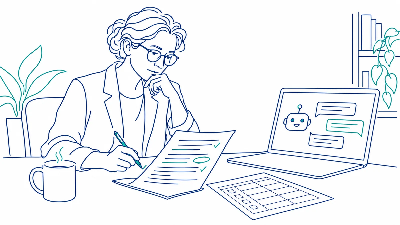 A professor at a desk marking up a printed essay with a pen, a rubric grid beside it, and a laptop showing a chat with an AI assistant that produced the essay.