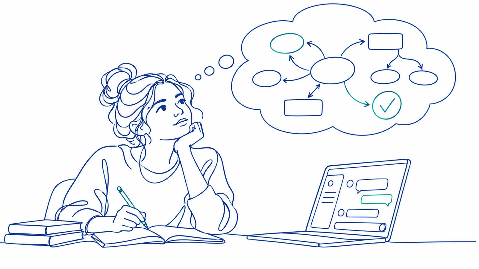 Line drawing of a student writing in a notebook, with a laptop chat window off to the side and a thought bubble above her head holding her own concept map ending in a checkmark.