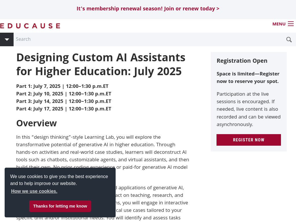 Screenshot of Learning Lab | Designing Custom AI Assistants for Higher Education: July 2025 | EDUCAUSE Events
