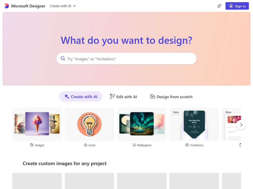 Screenshot of Microsoft Designer - Stunning designs in a flash