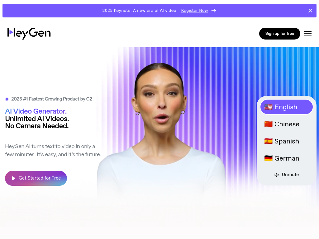Screenshot of AI Video Generator | #1 on G2’s 2025 Top 100 List | HeyGen