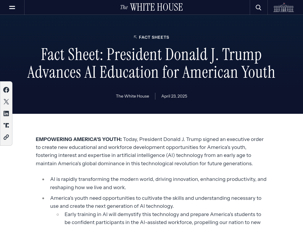 Screenshot of Fact Sheet: President Donald J. Trump Advances AI Education for American Youth – The White House