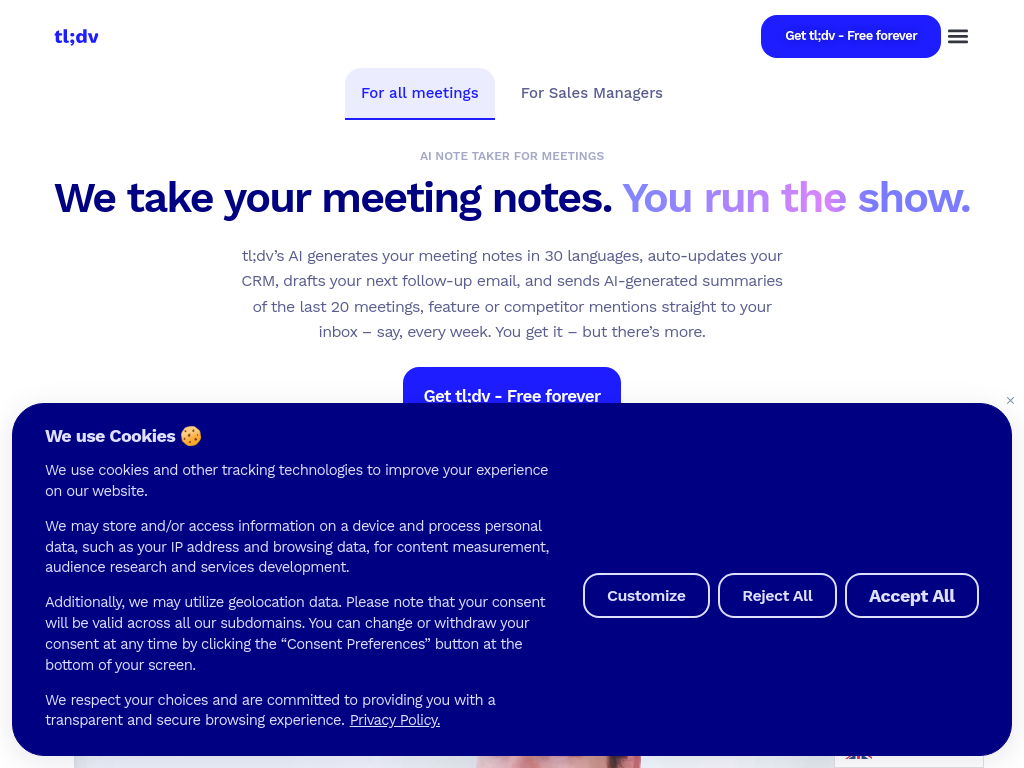 Screenshot of tl;dv.io | AI Notetaker for Zoom, MS Teams & Google Meet