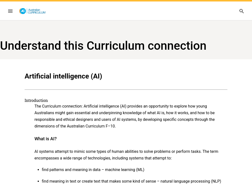 Screenshot of Artificial intelligence (AI) | V9 Australian Curriculum