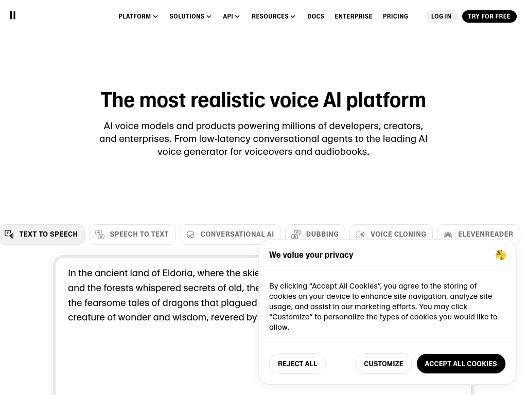 Screenshot of Free Text to Speech & AI Voice Generator | ElevenLabs