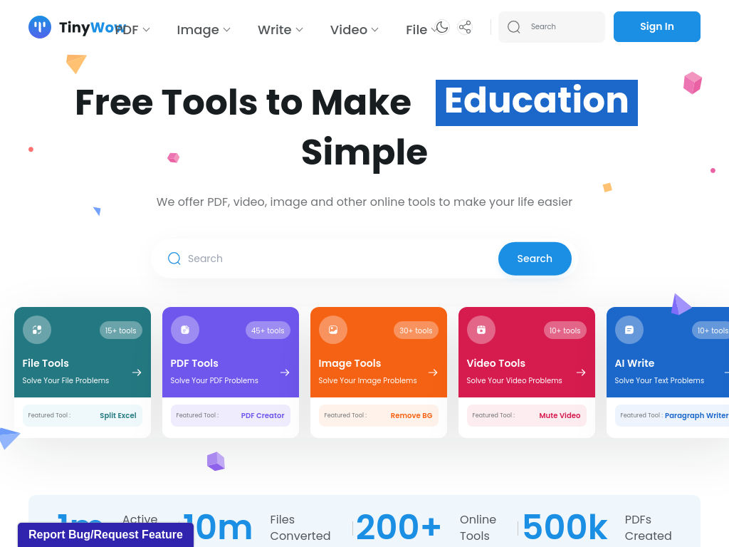 Screenshot of Free AI Writing, PDF, Image, and other Online Tools - TinyWow