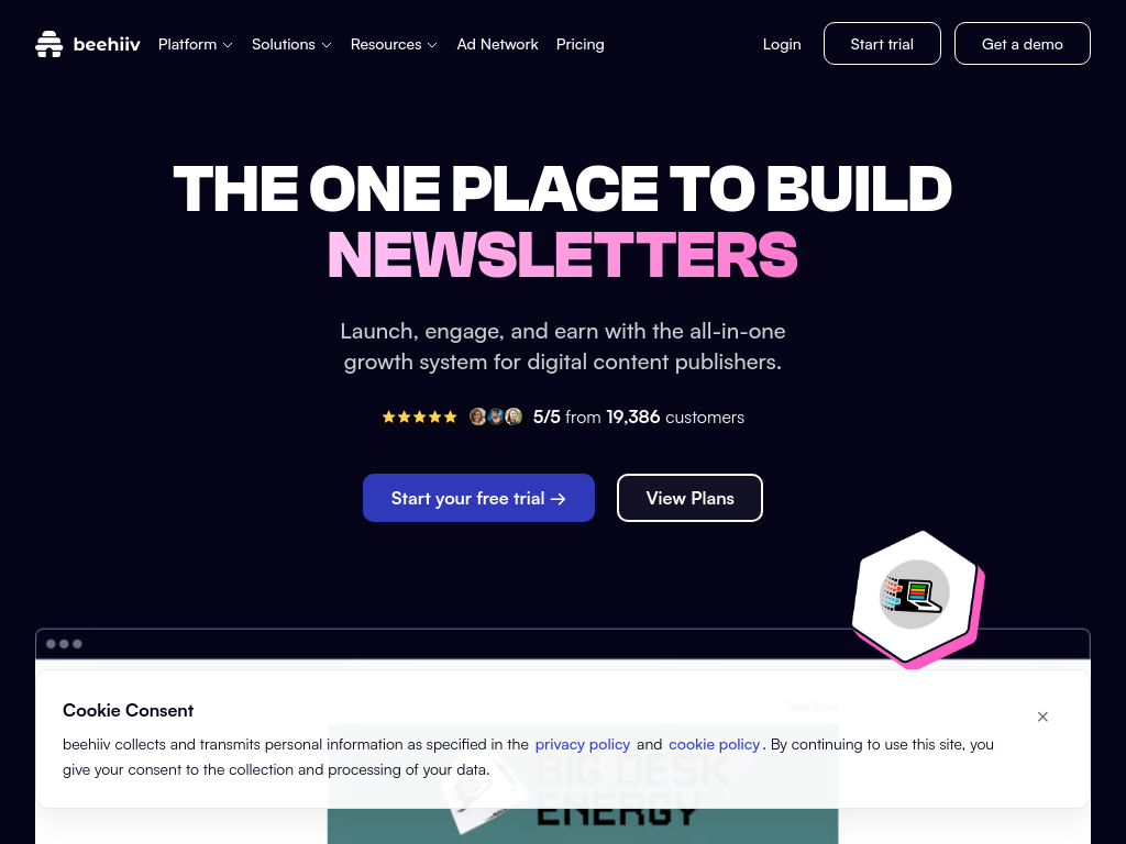 Screenshot of beehiiv — The newsletter platform built for growth