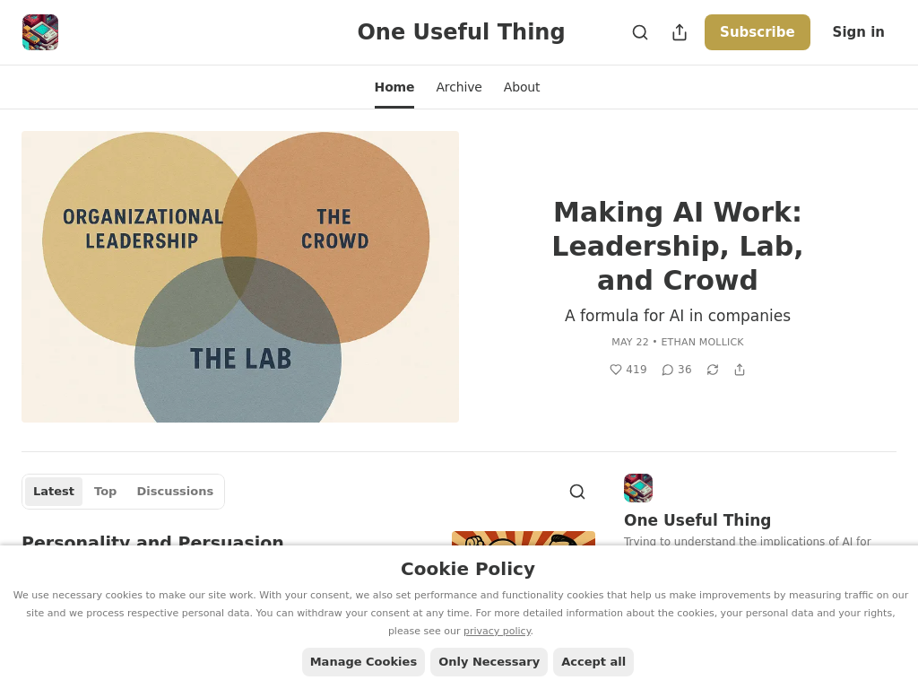 Screenshot of One Useful Thing | Ethan Mollick | Substack