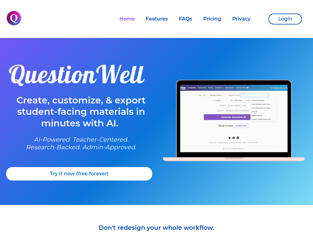 Screenshot of AI-Powered Teaching Tools | Enhance Educators' Efficiency | QuestionWell