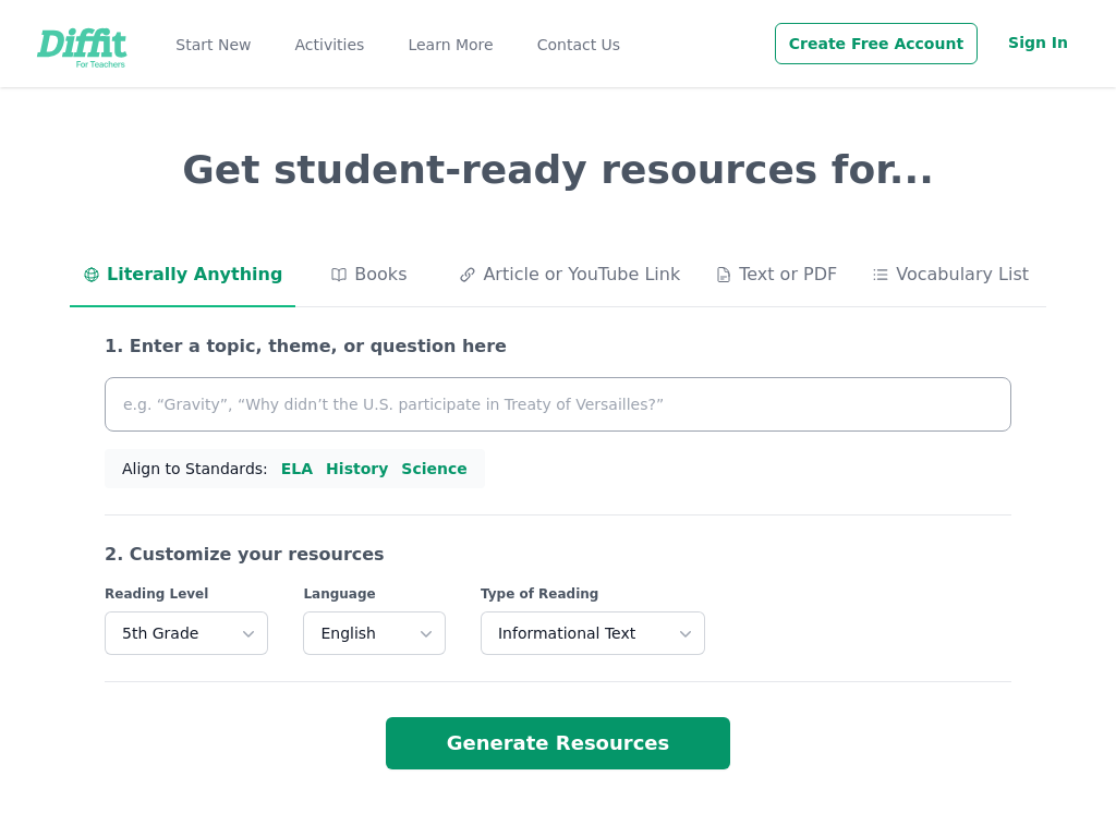 Screenshot of Diffit for Teachers