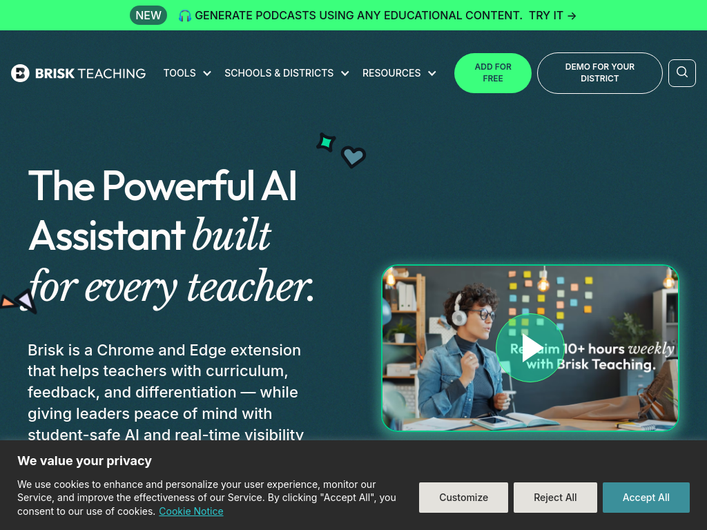 Screenshot of Free AI Tools for Teachers and Educators – Brisk Teaching