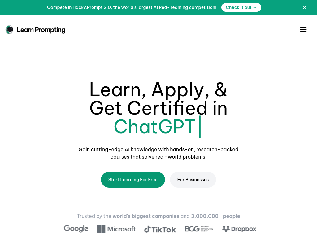 Screenshot of Learn Prompting: Your Guide to Communicating with AI