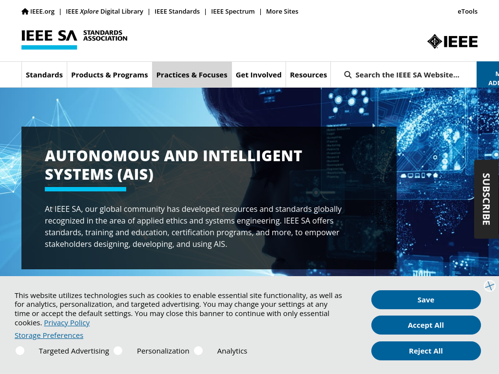 Screenshot of IEEE SA - Autonomous and Intelligent Systems (AIS)