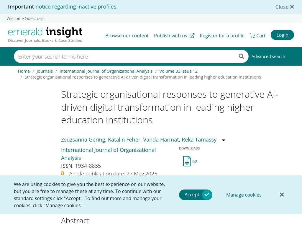 Screenshot of Strategic organisational responses to generative AI-driven digital transformation in leading higher education institutions | Emerald Insight