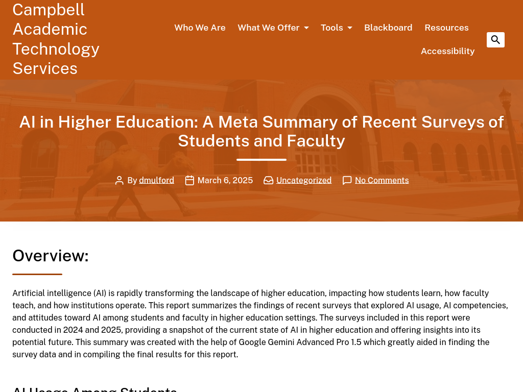 Screenshot of AI in Higher Education: A Meta Summary of Recent Surveys of Students and Faculty – Campbell Academic Technology Services
