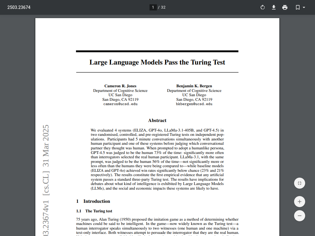 Screenshot of Large Language Models Pass the Turing Test