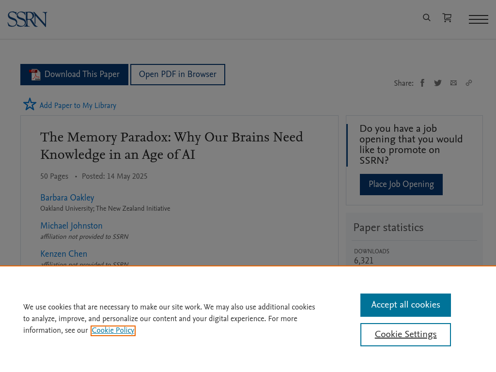 Screenshot of The Memory Paradox: Why Our Brains Need Knowledge in an Age of AI by Barbara Oakley, Michael Johnston, Kenzen Chen, Eulho Jung, Terrence Sejnowski :: SSRN