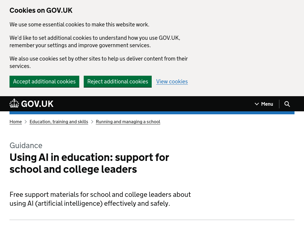 Screenshot of Using AI in education: support for school and college leaders - GOV.UK
