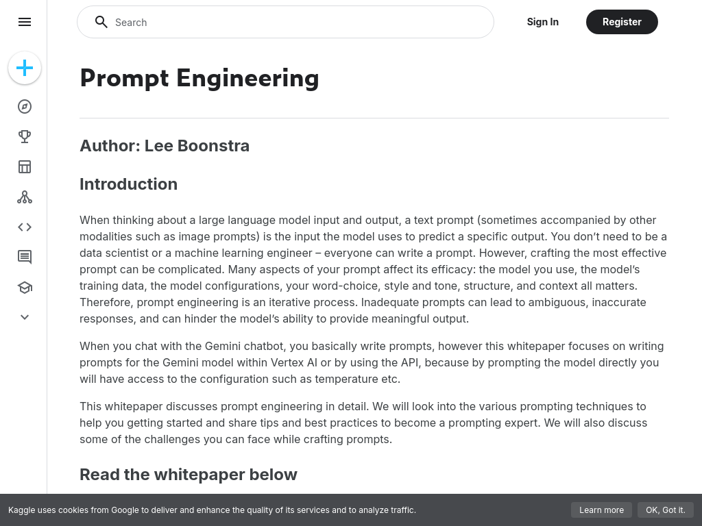 Screenshot of Prompt Engineering | Kaggle