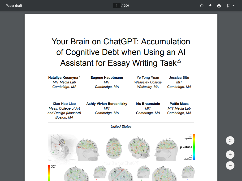 Screenshot of Your Brain on ChatGPT: Accumulation of Cognitive Debt when Using an AI Assistant for Essay Writing Task