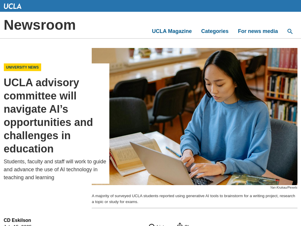 Screenshot of UCLA advisory committee will navigate AI in learning | UCLA