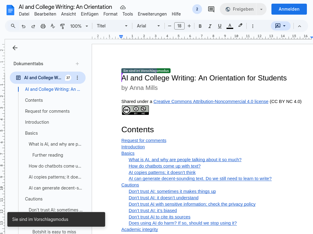 Screenshot of AI and College Writing: An Orientation - Google Docs