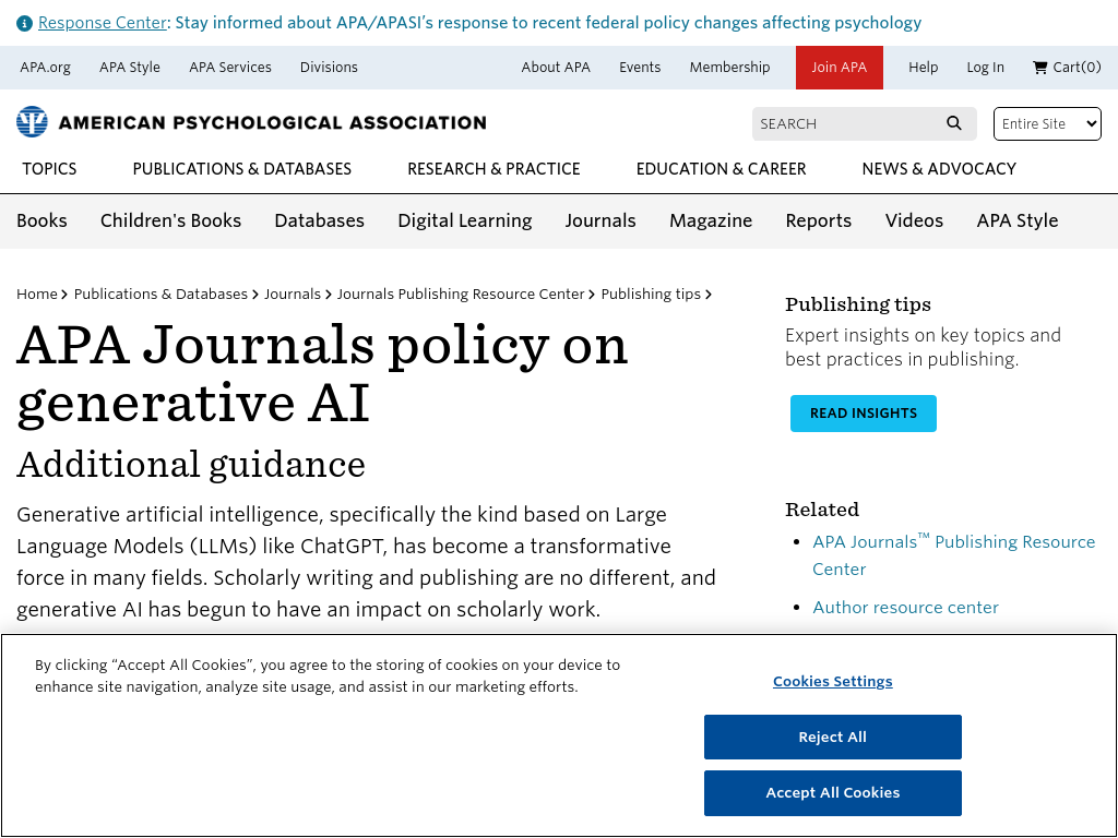 Screenshot of APA Journals policy on generative AI