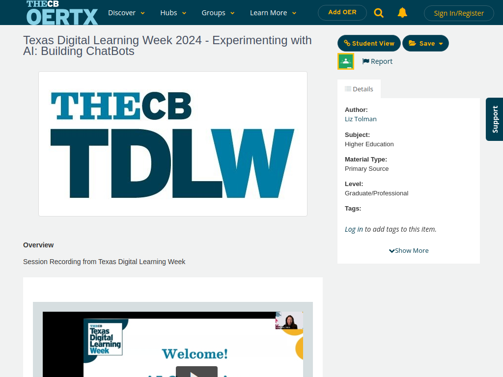 Screenshot of THECB - Texas Digital Learning Week 2024 - Experimenting with AI: Building ChatBots