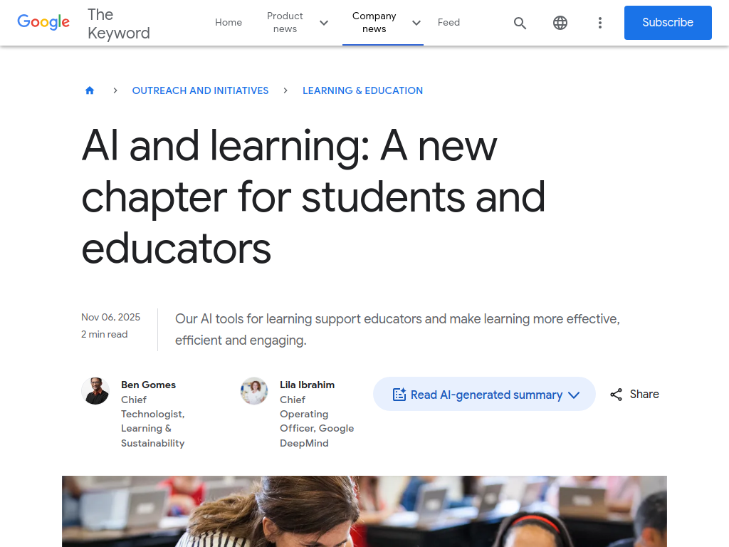 Screenshot of Google’s approach to AI and learning