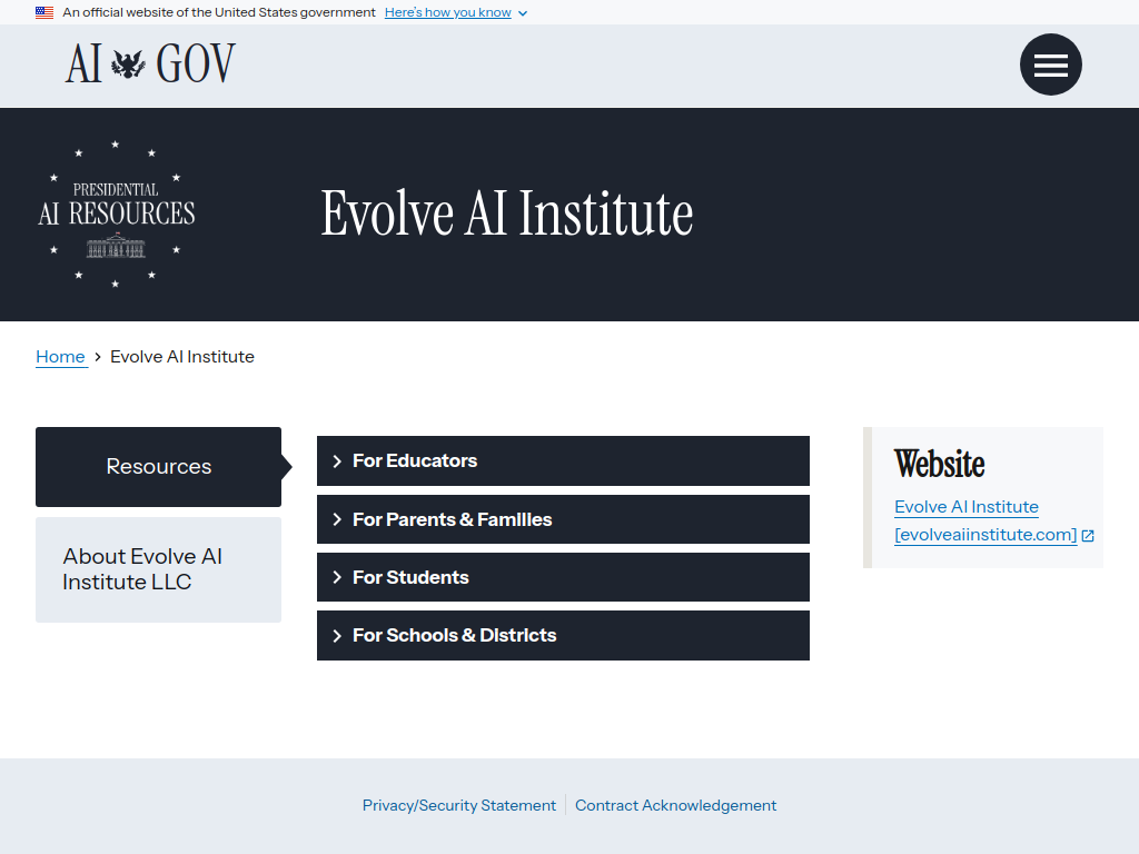 Screenshot of Evolve AI Institute | Presidential Artificial Intelligence Resources
