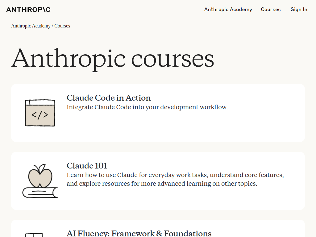 Screenshot of Anthropic Courses