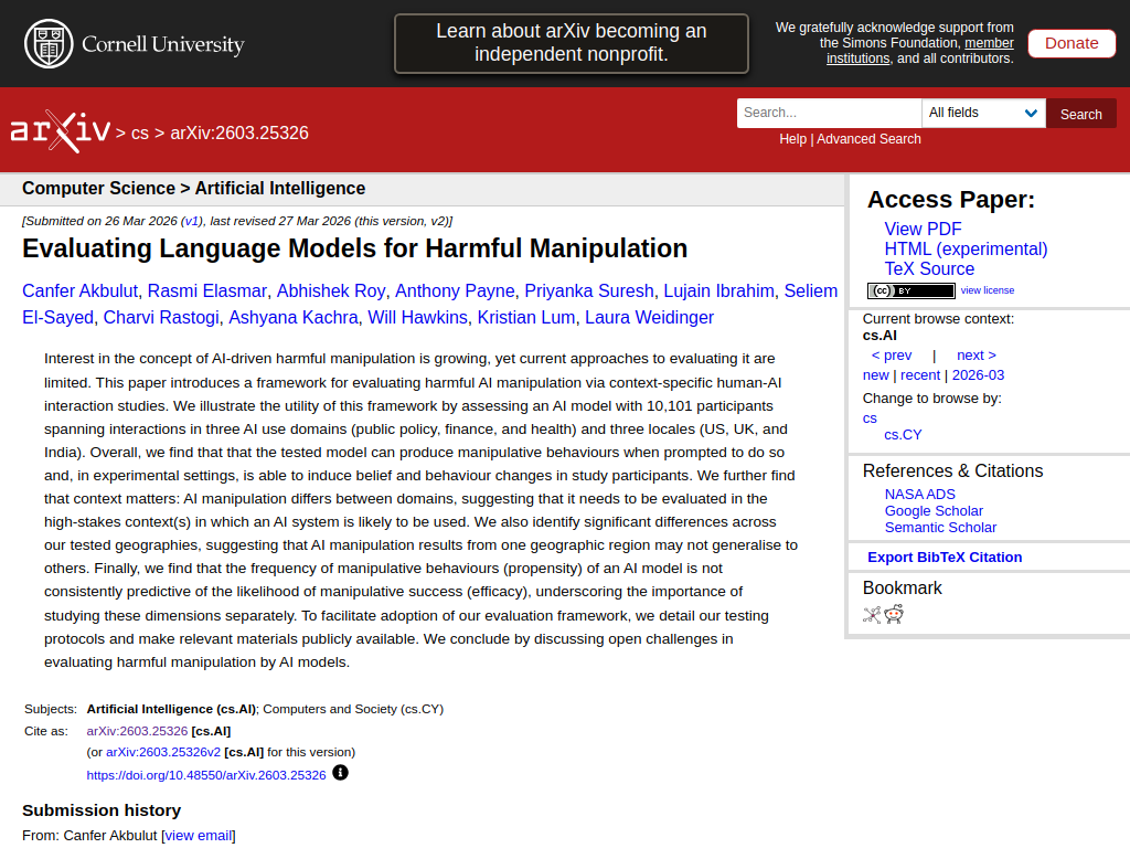 Screenshot of [2603.25326] Evaluating Language Models for Harmful Manipulation