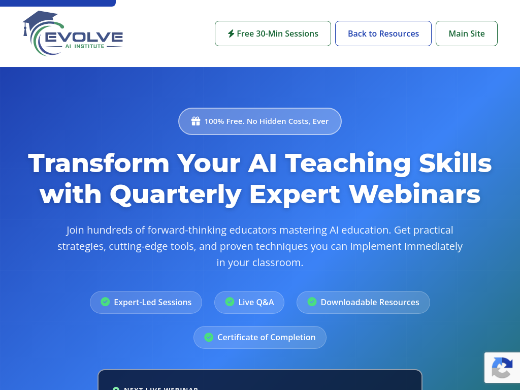 Screenshot of FREE AI Webinars for Teachers 2026 | Quarterly Professional Development | Evolve AI Institute