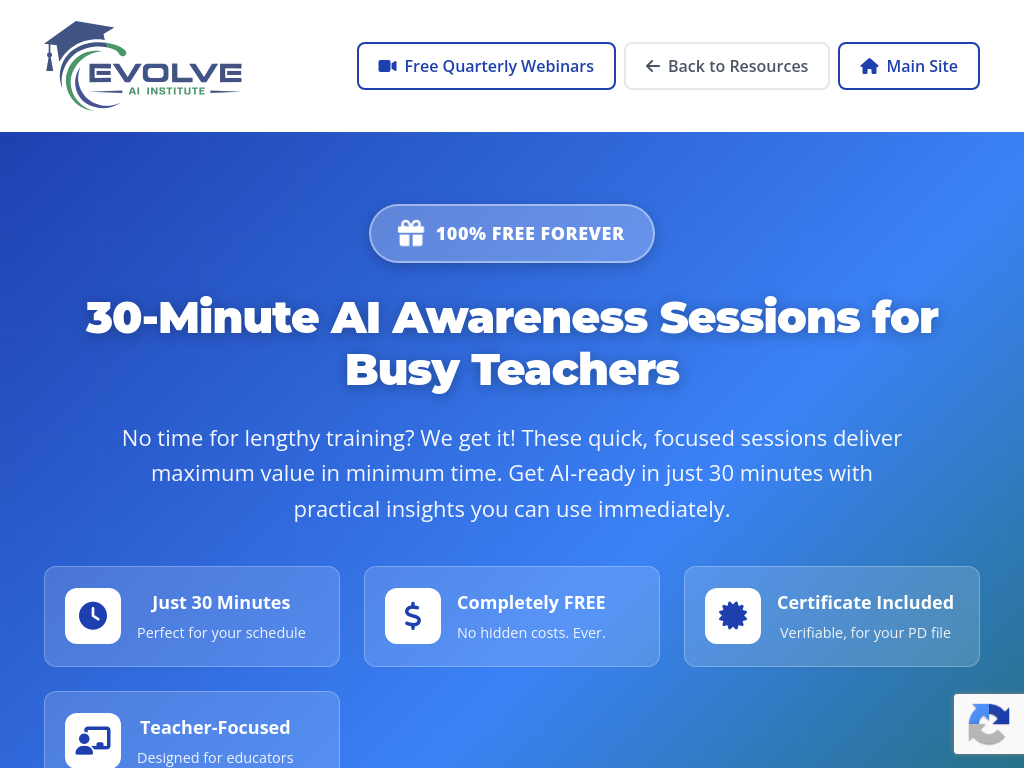 Screenshot of FREE AI Training for Teachers | 30-Minute AI Awareness Sessions 2026 | Evolve AI Institute