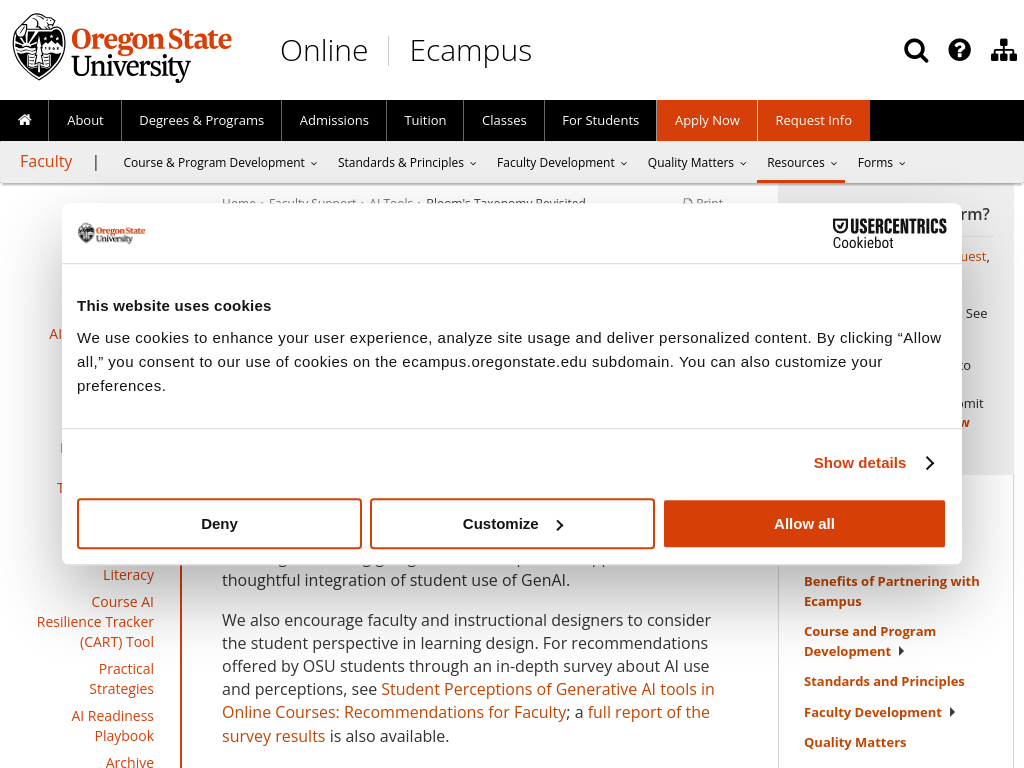 Screenshot of Bloom's Taxonomy Revisited – Artificial Intelligence Tools – Faculty Support | Oregon State Ecampus | OSU Degrees Online