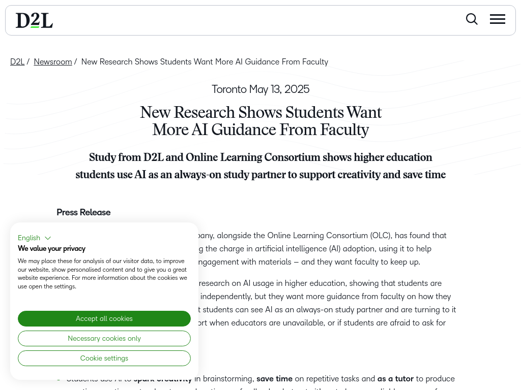 Screenshot of New Research Shows Students Want More AI Guidance From Faculty   | Press Release | D2L