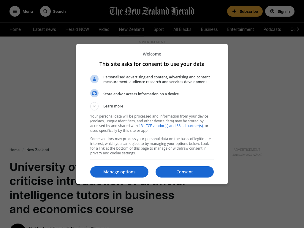 Screenshot of University of Auckland students criticise introduction of artificial intelligence tutors in business and economics course - NZ Herald
