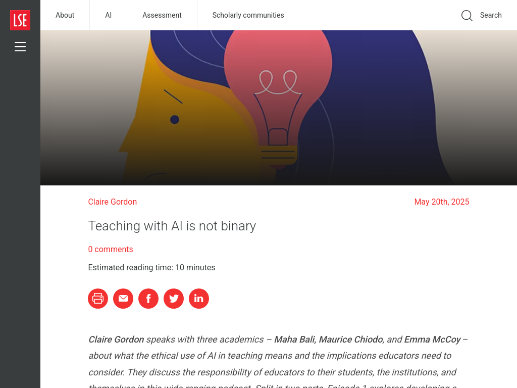 Screenshot of Teaching with AI is not binary - LSE Higher Education